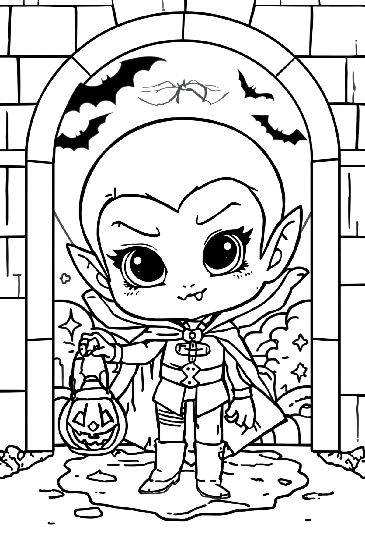 Chibi vampire girl in a cape and costume holding a carved pumpkin bucket in a Halloween tunnel of bricks and arches.