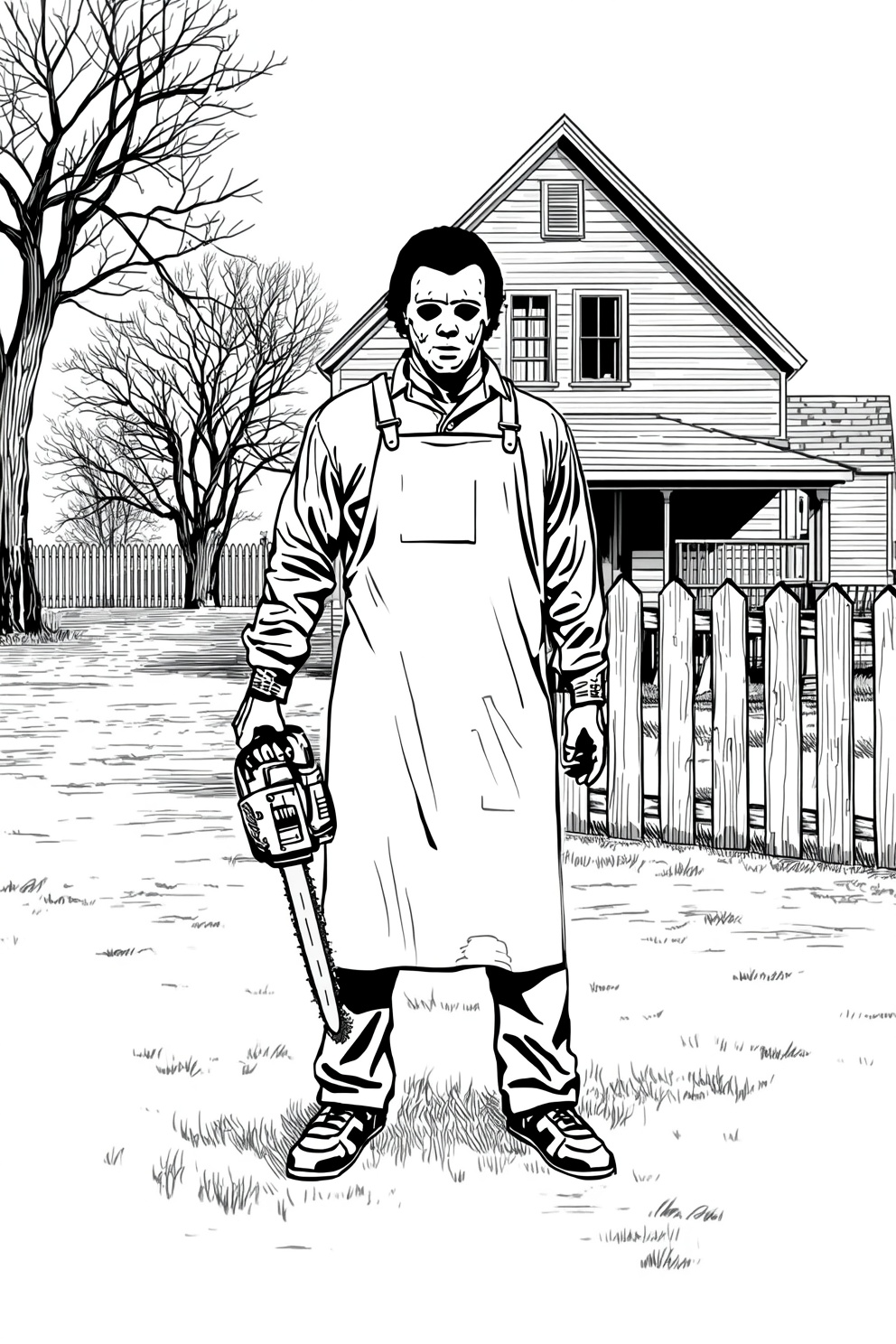 Man in a long apron holding a chainsaw stands in a yard in front of a house with a wooden fence, bare trees in the background.