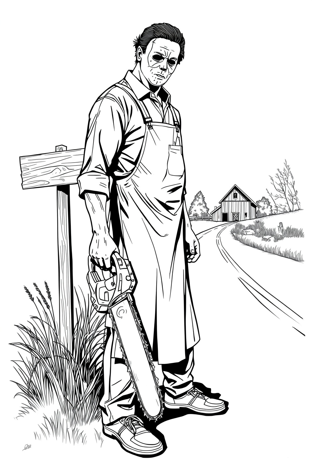 Man in work overalls and apron stands near a wooden post, grips a chainsaw, on a rural road with a barn in the background