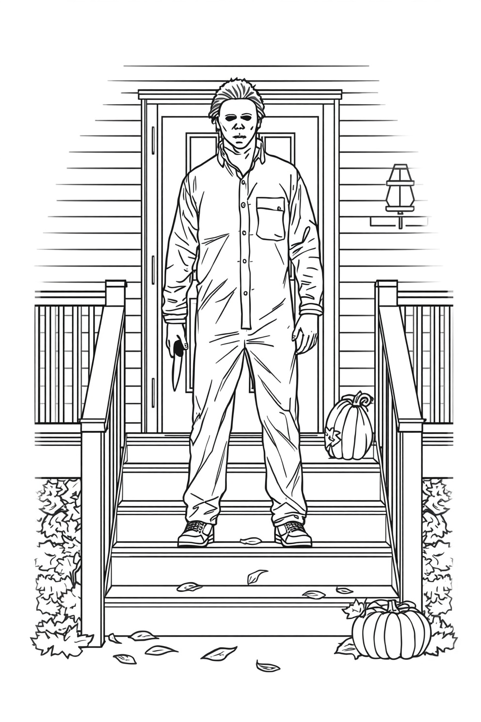 Man in a white coverall stands on a front porch, holding a knife, with Halloween pumpkins nearby.