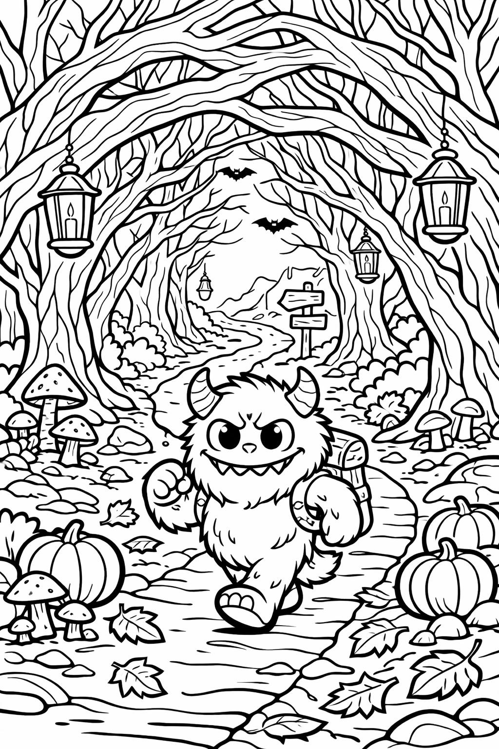 cartoon monster coloring page | playful Halloween illustration | kids coloring sheet