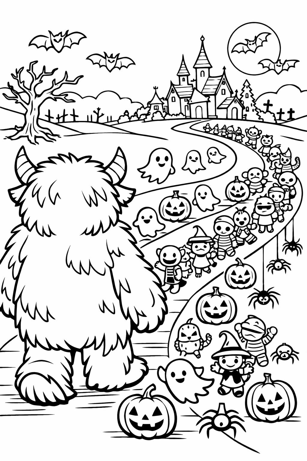 monster Halloween costume coloring page | cute dress-up character | fun holiday activity