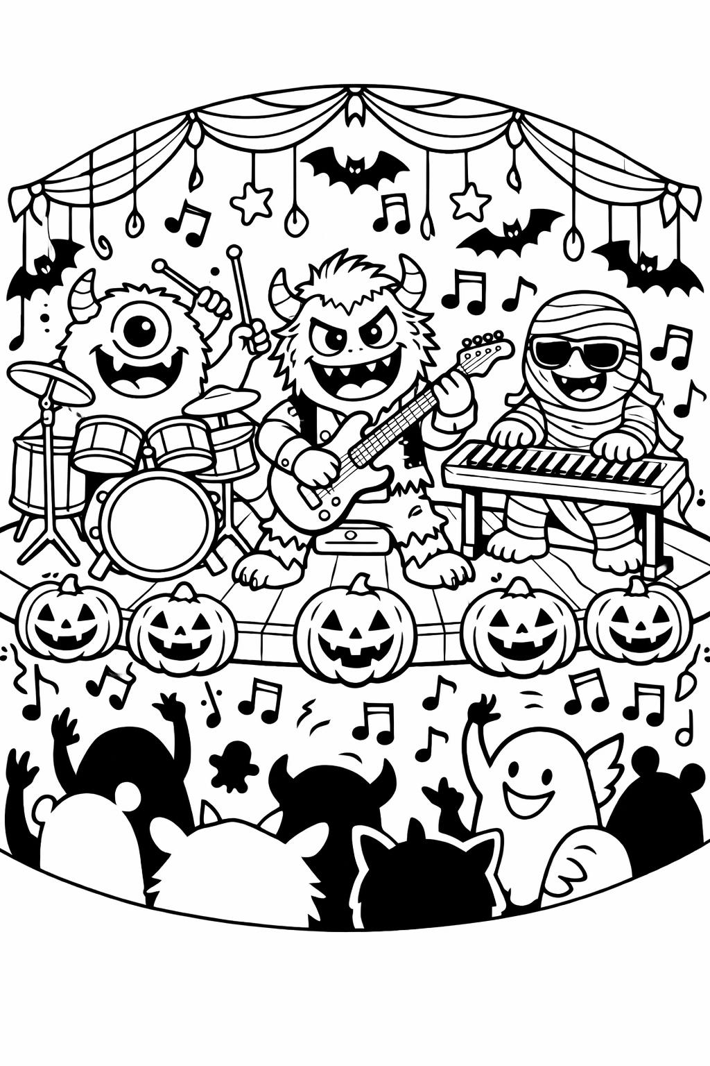 monster and witch coloring page | magical Halloween scene | printable spooky activity