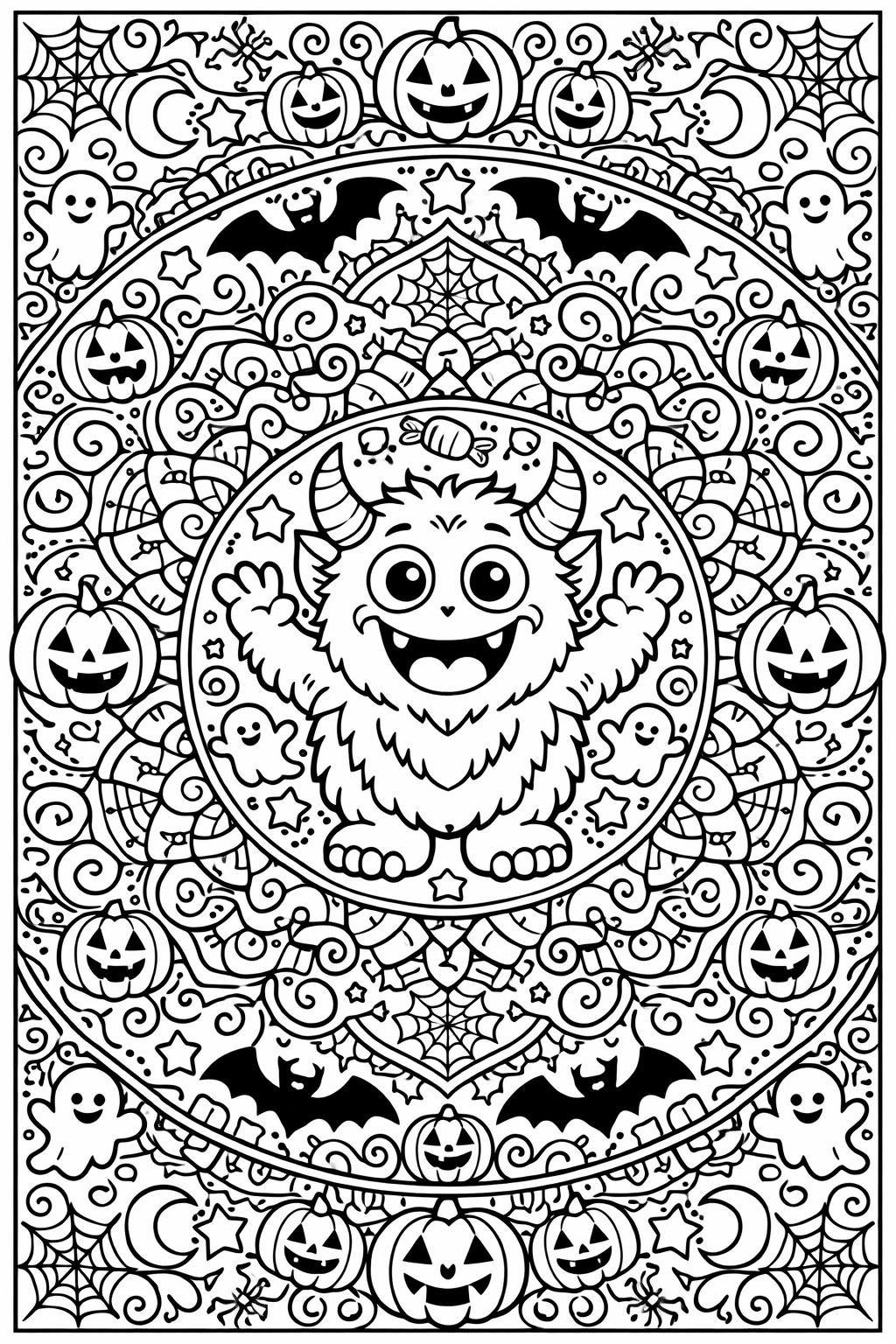 monster mandala coloring page | intricate spooky design | relaxing adult coloring sheet