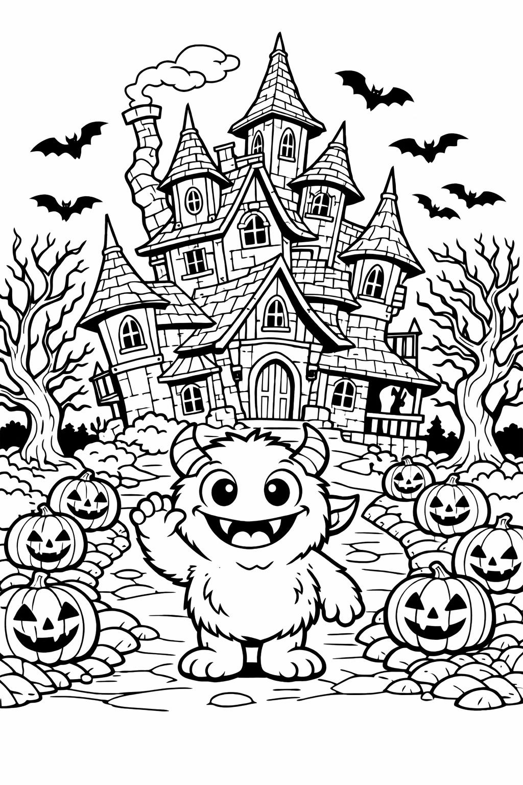 monster with candy coloring page | Halloween treat scene | printable kids activity