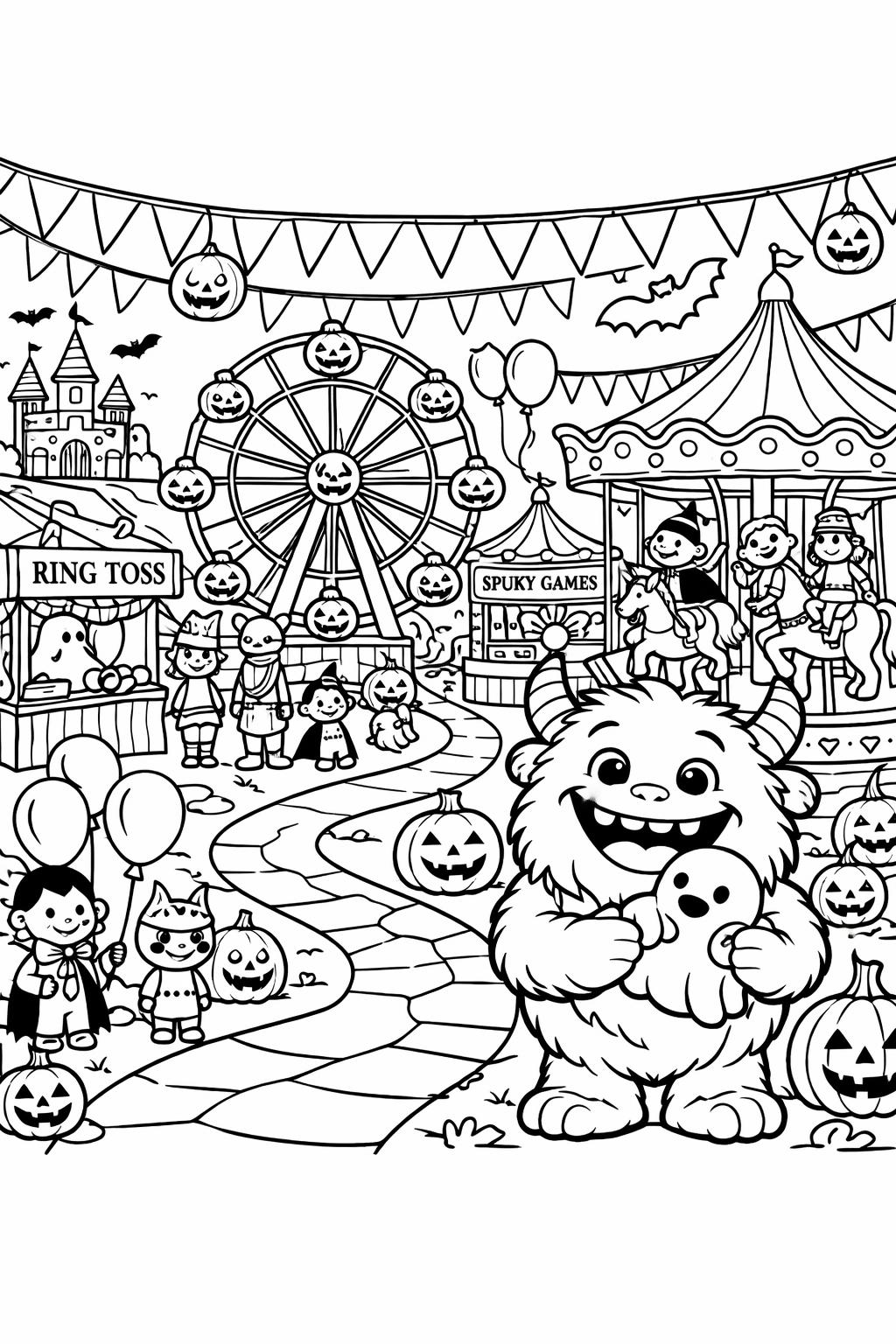 monster with spider coloring page | creepy Halloween scene | coloring activity for kids