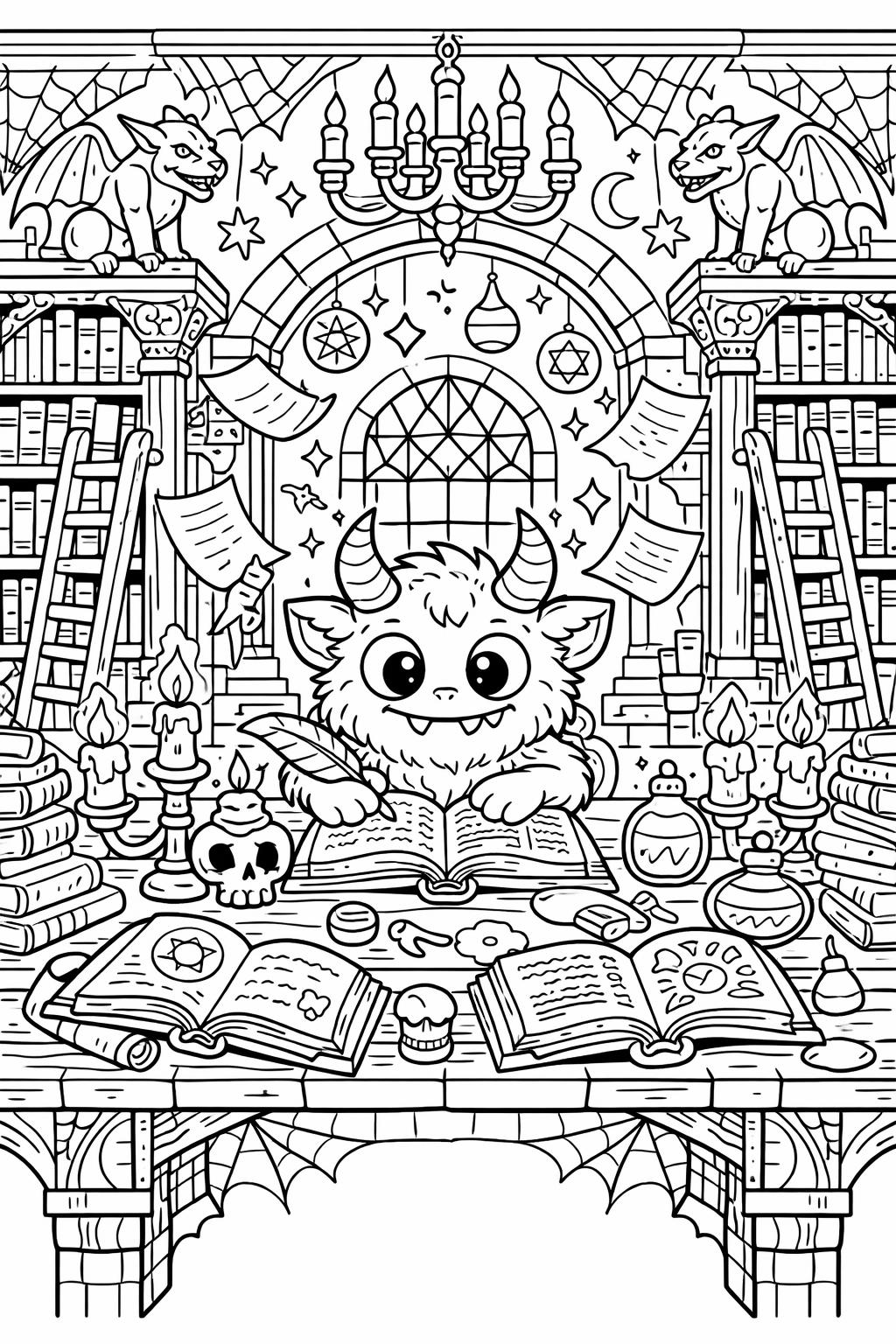 monster in a haunted house coloring page | spooky Halloween scene | printable coloring activity