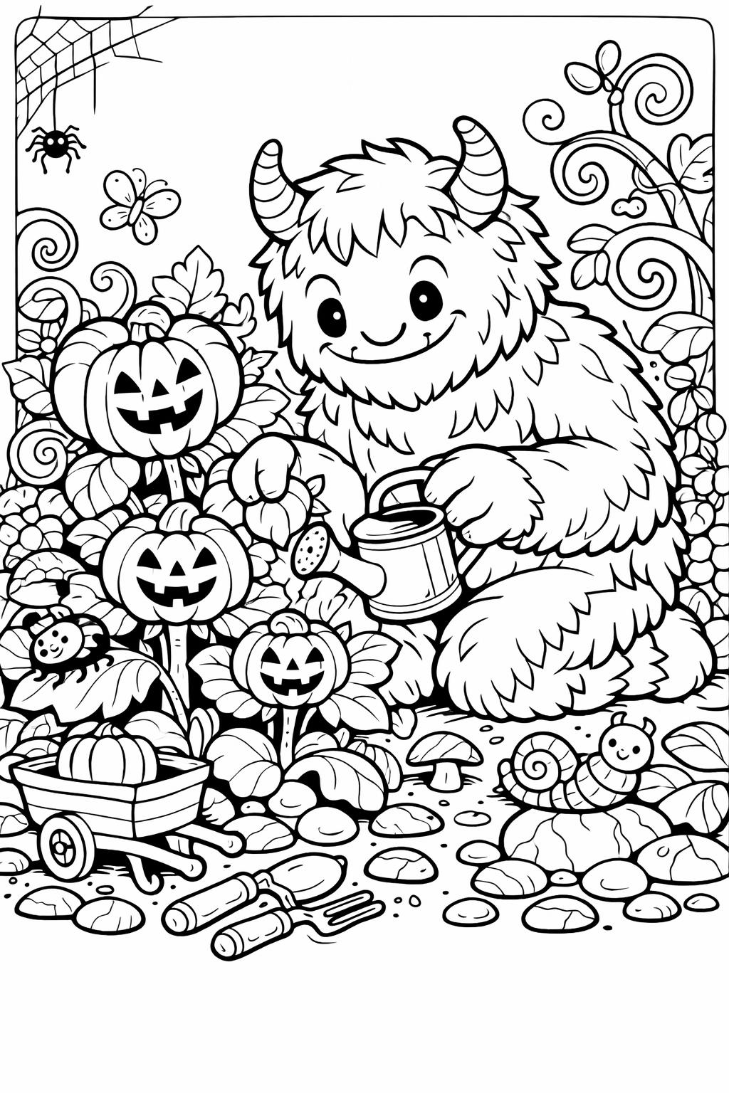 monster with bat coloring page | spooky Halloween creature | printable kids artwork