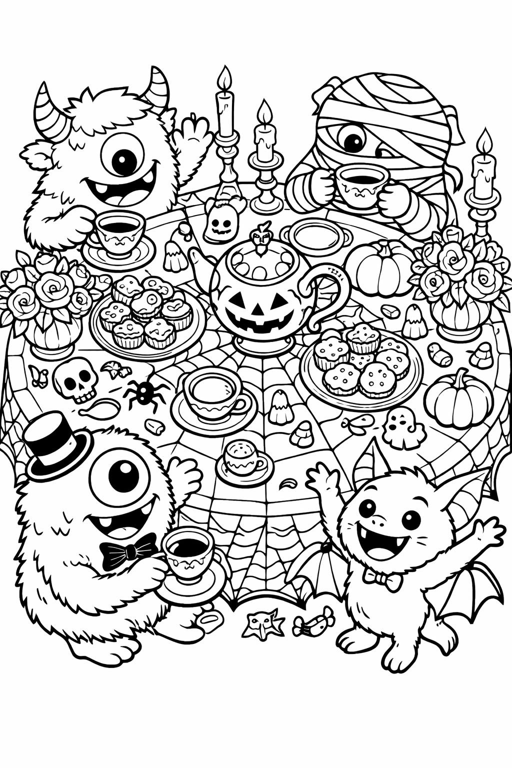 monster family coloring page | cute spooky characters | Halloween printable activity