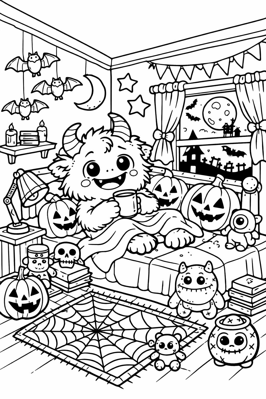 monster Halloween party coloring page | festive spooky gathering | printable coloring sheet