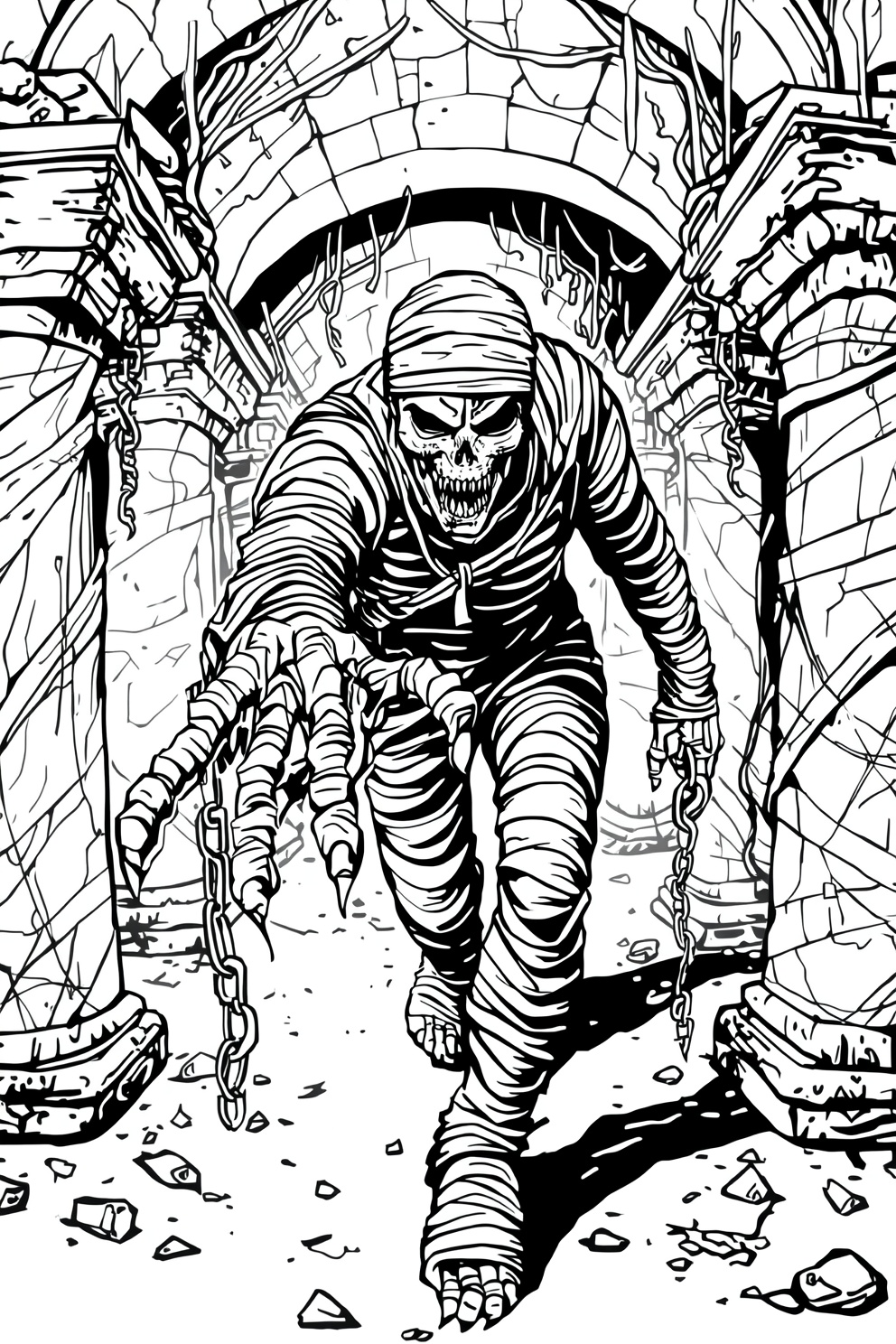 Zombie-like mummy lunges through a crumbling stone tunnel, chains dangling from its hands into the foreground.