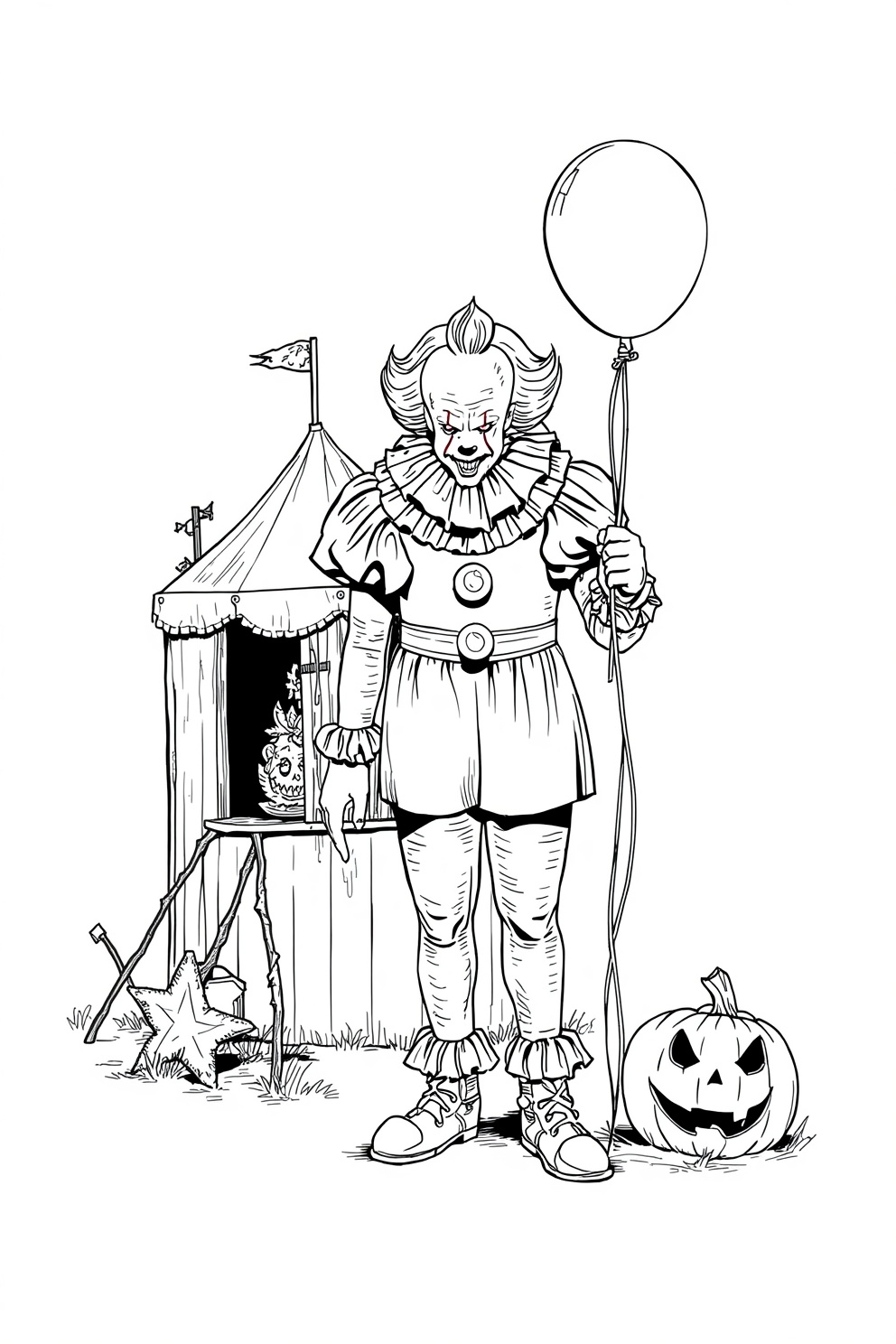 Menacing clown in a ruffled circus outfit holds a balloon beside a striped tent and a carved jack-o'-lantern.