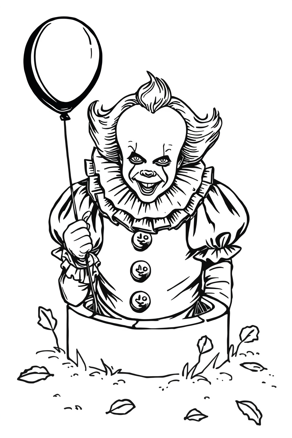 Sinister clown in a ruffled collar holding a balloon, peeking from a small mound in the ground.