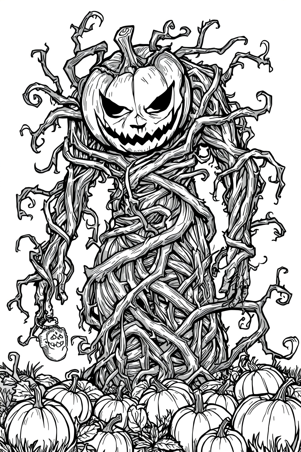 Menacing jack-o'-lantern head tangled in twisting vines, standing above a pumpkin patch.