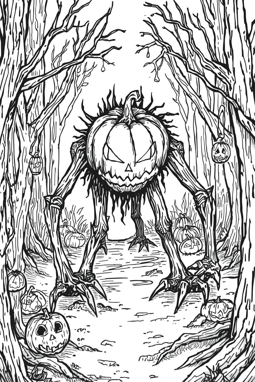Spooky forest path with bare trees; a large pumpkin-headed monster looms among glowing jack-o'-lanterns.