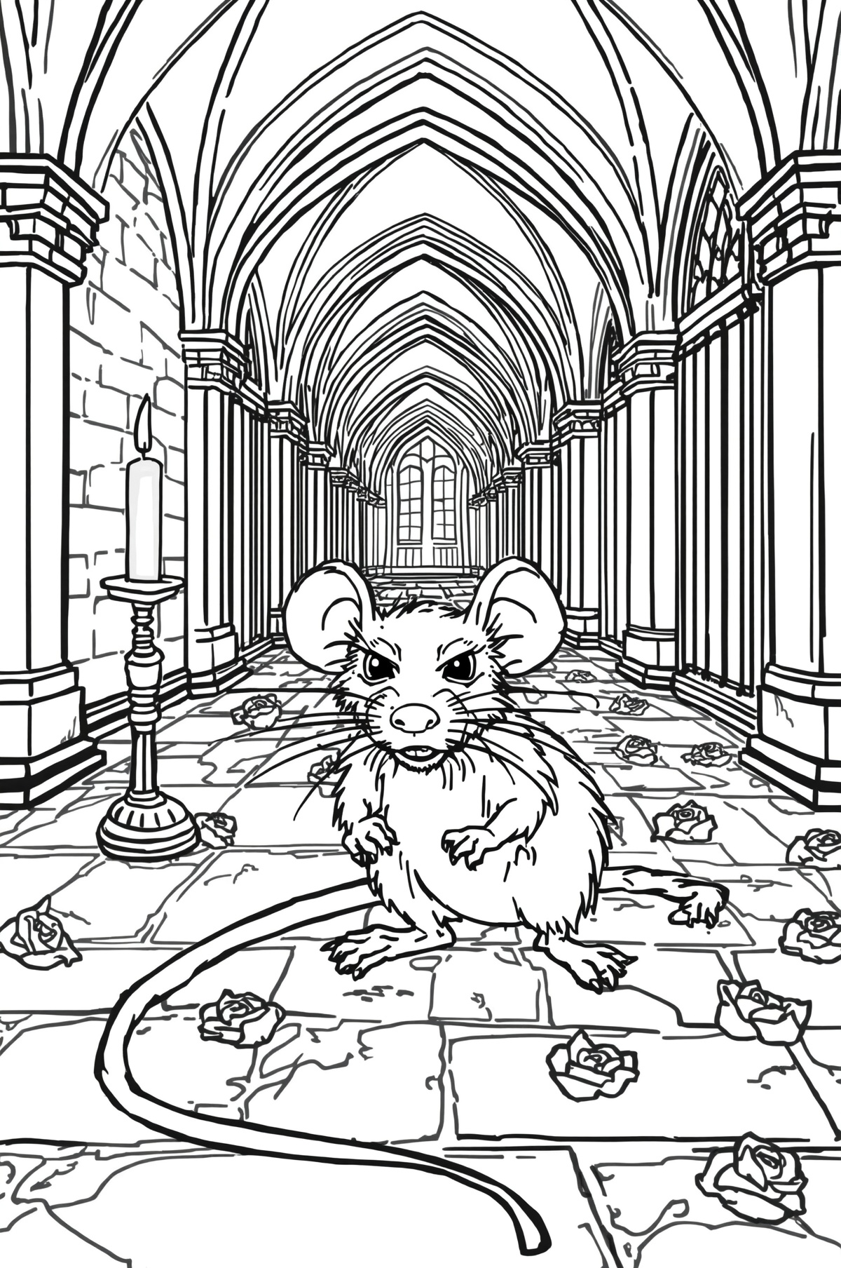 Cartoon mouse standing in a long, vaulted cathedral hallway with scattered rose petals and a candle on a stand to the left.