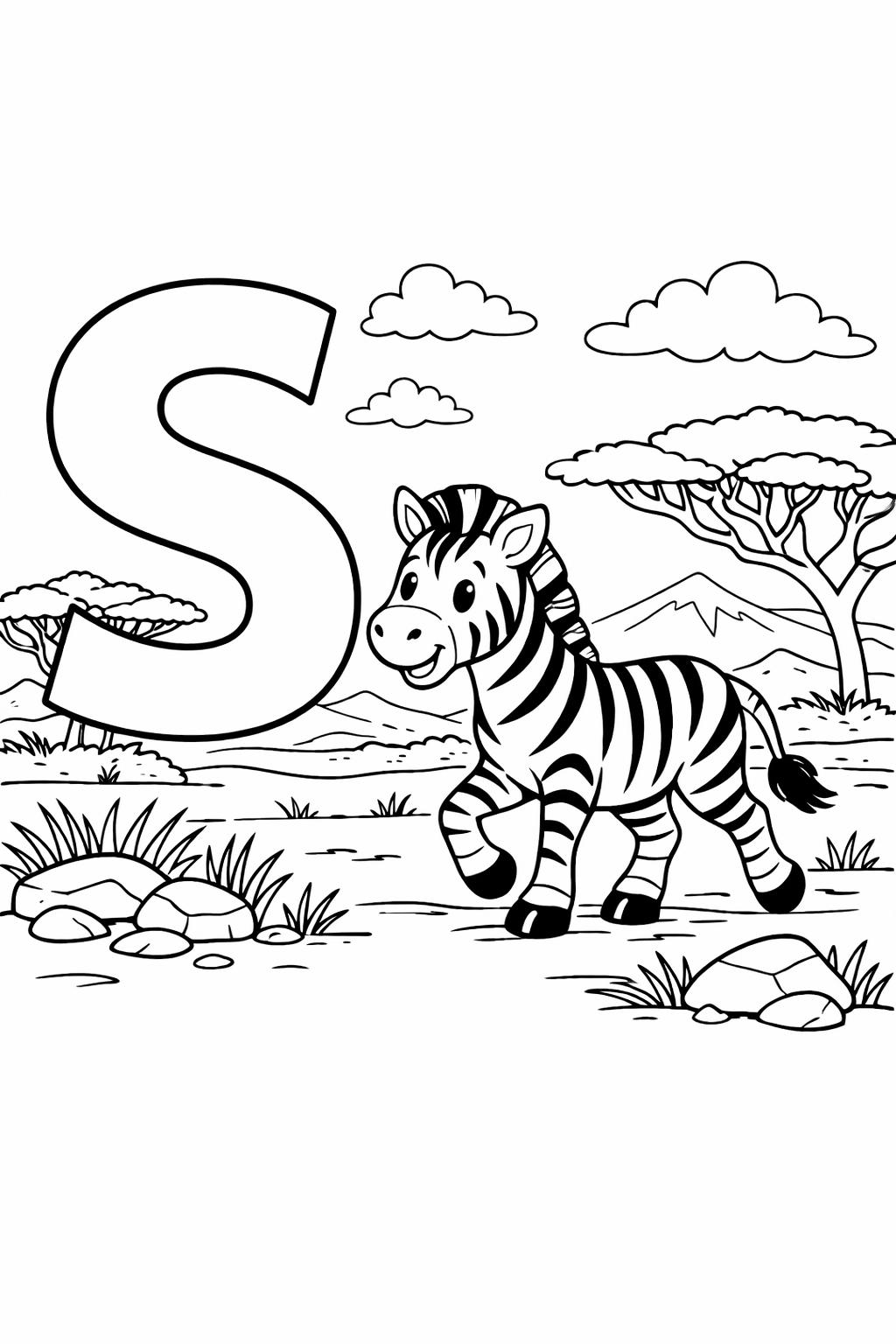 cartoon letter S coloring page | playful alphabet character | fun learning sheet