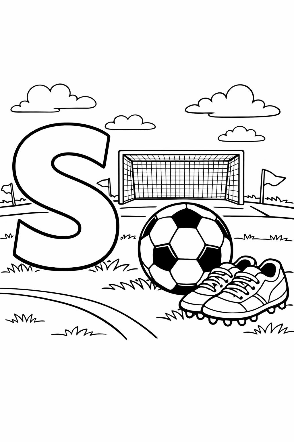 smiling letter S coloring page | cute alphabet illustration | preschool coloring page