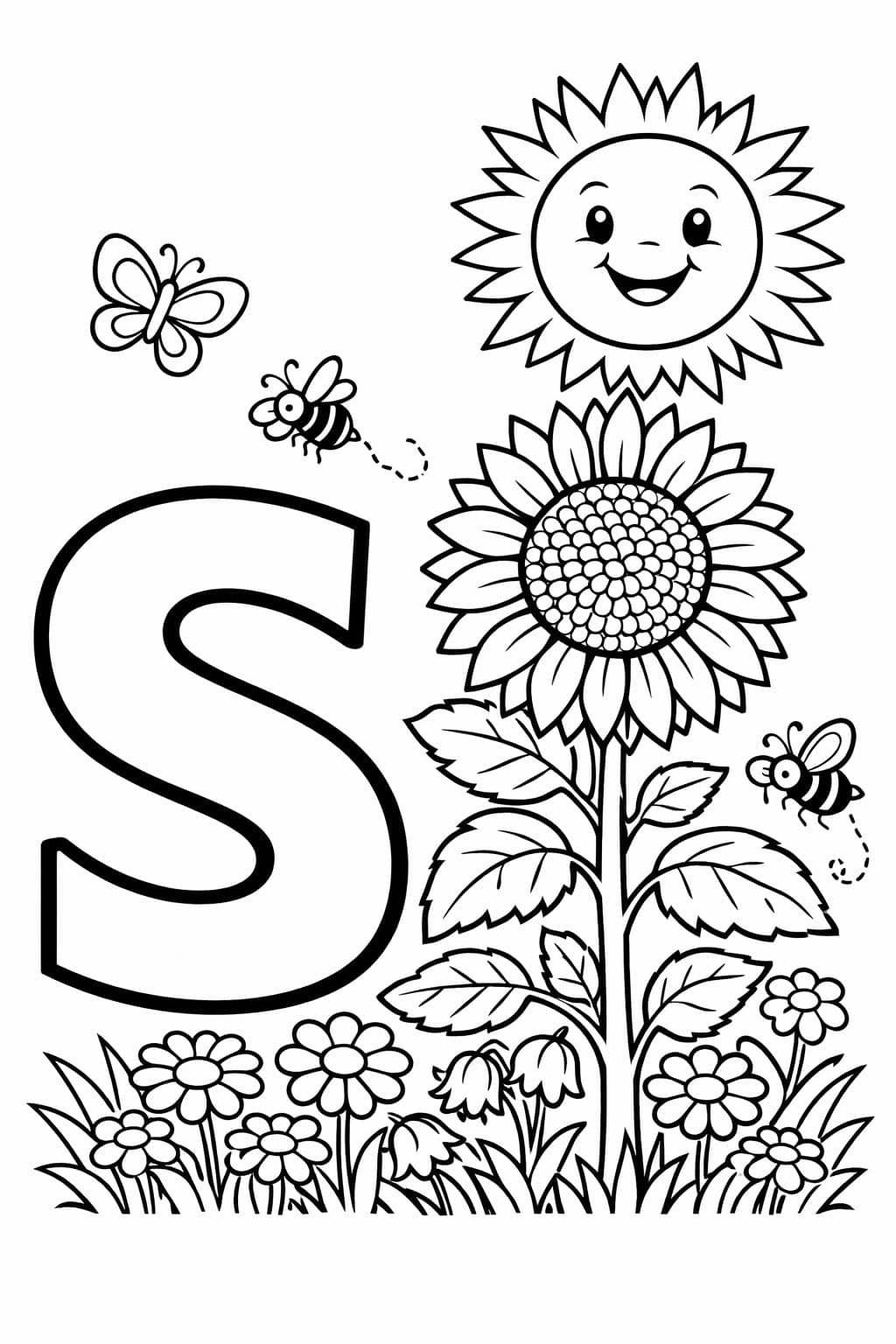 S is for sunflower coloring page | floral alphabet illustration | playful learning activity