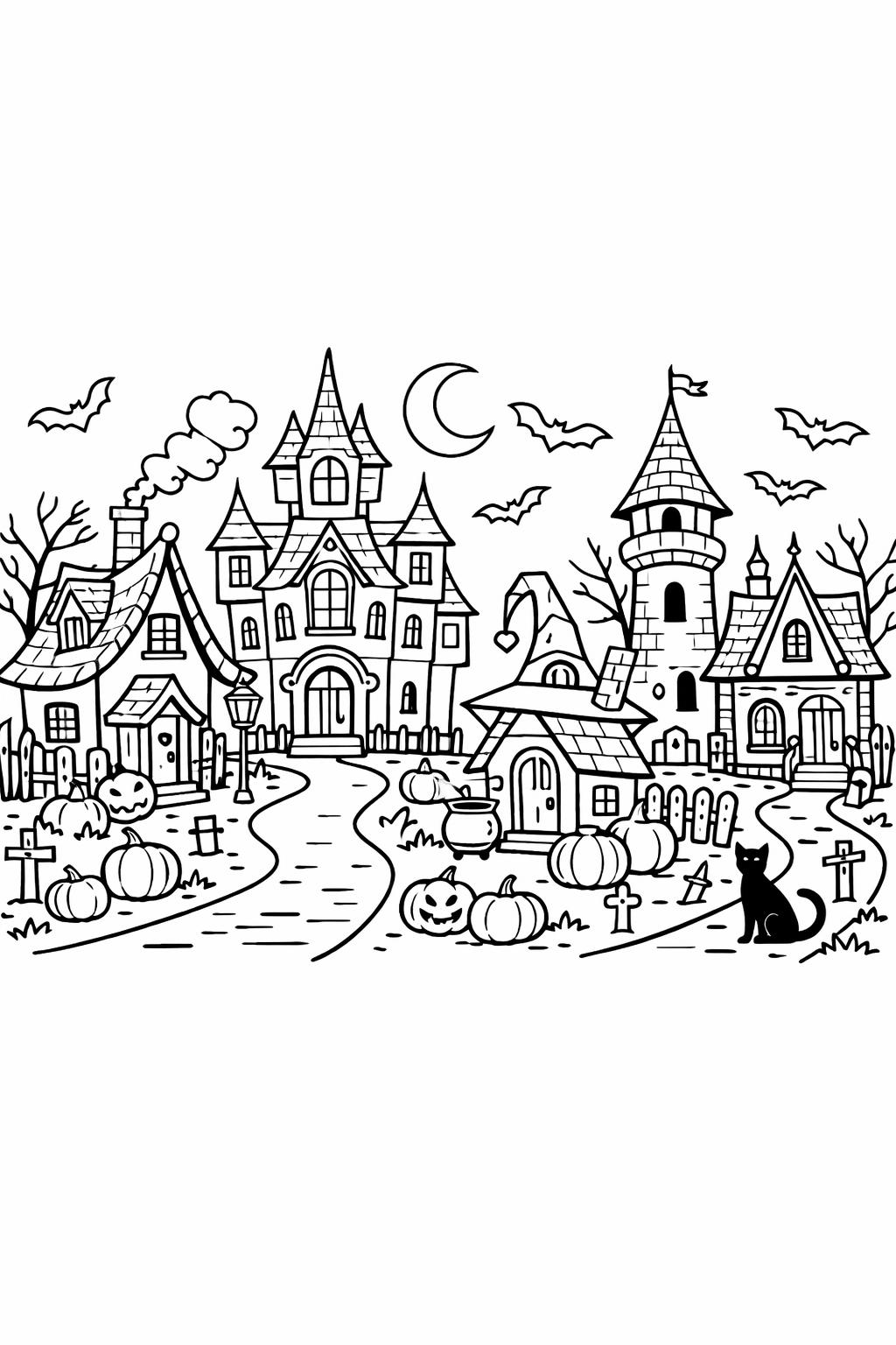 haunted house silhouette coloring page | spooky night design | relaxing Halloween activity