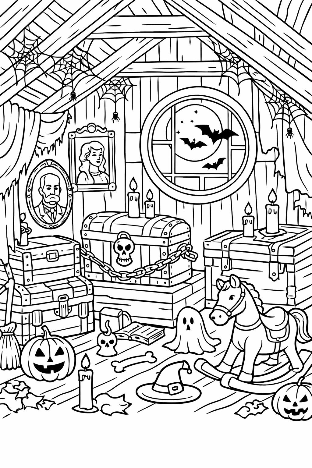 haunted house with bats coloring page | creepy night scene | printable Halloween activity