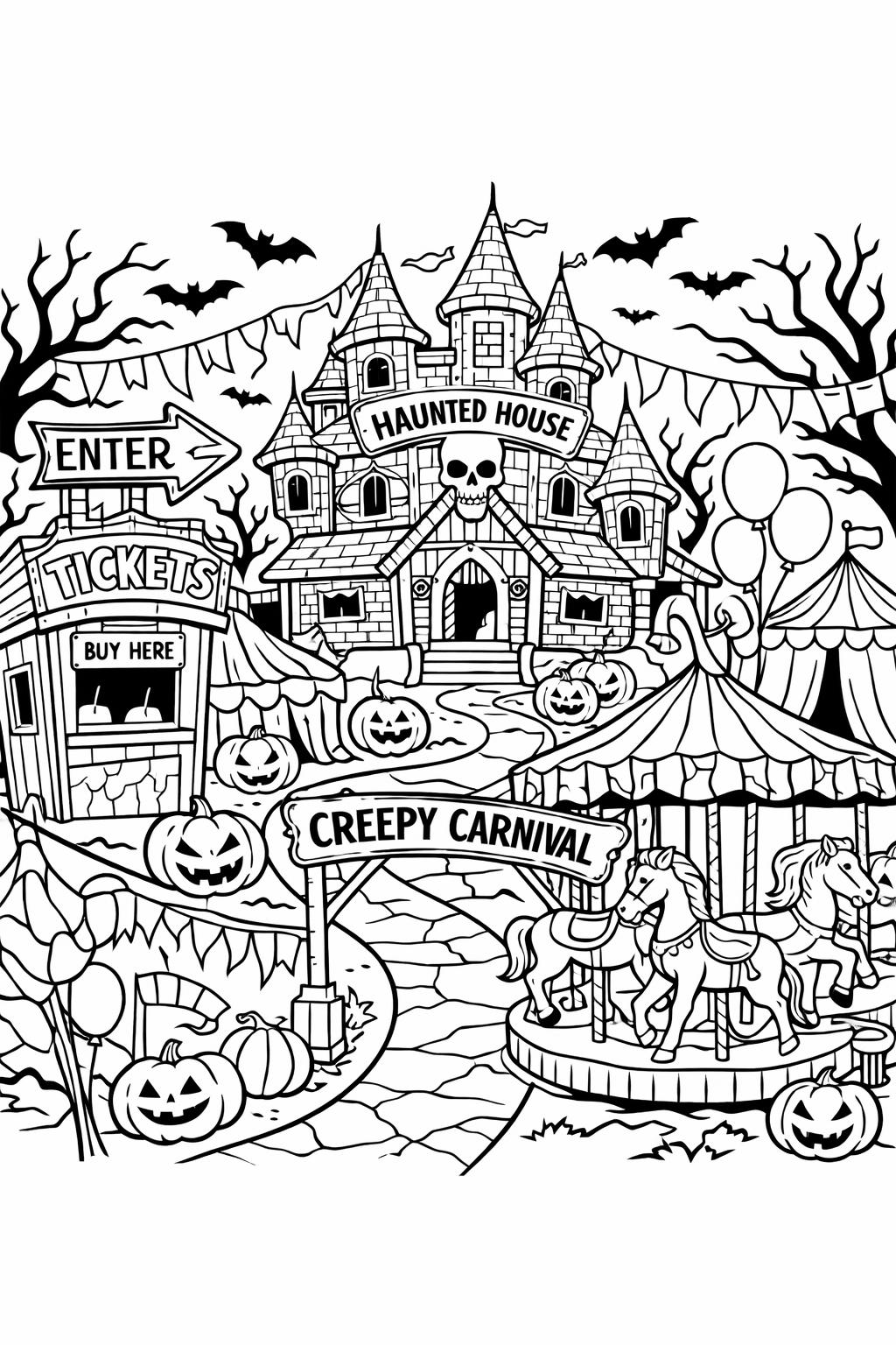 haunted castle coloring page | creepy Halloween building | festive coloring activity