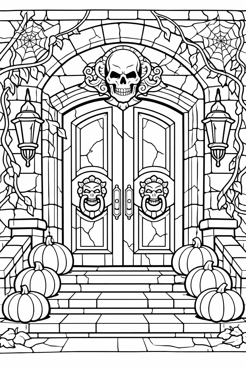 kawaii haunted house coloring page | cute spooky Halloween scene | printable kids activity
