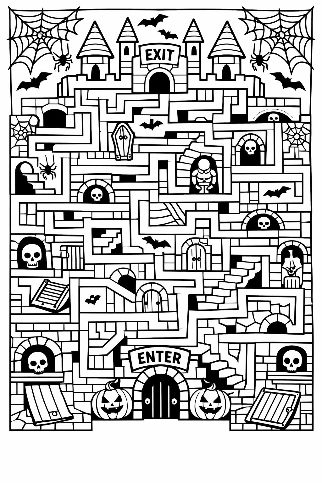 haunted house with black cat coloring page | Halloween character scene | printable activity