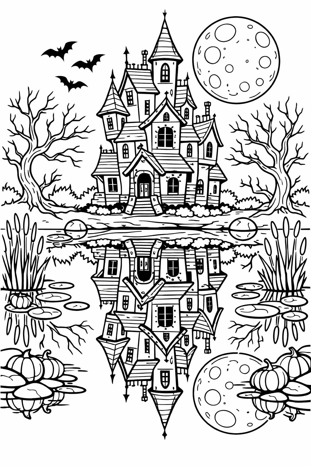haunted mansion coloring page | spooky Halloween architecture | printable coloring sheet