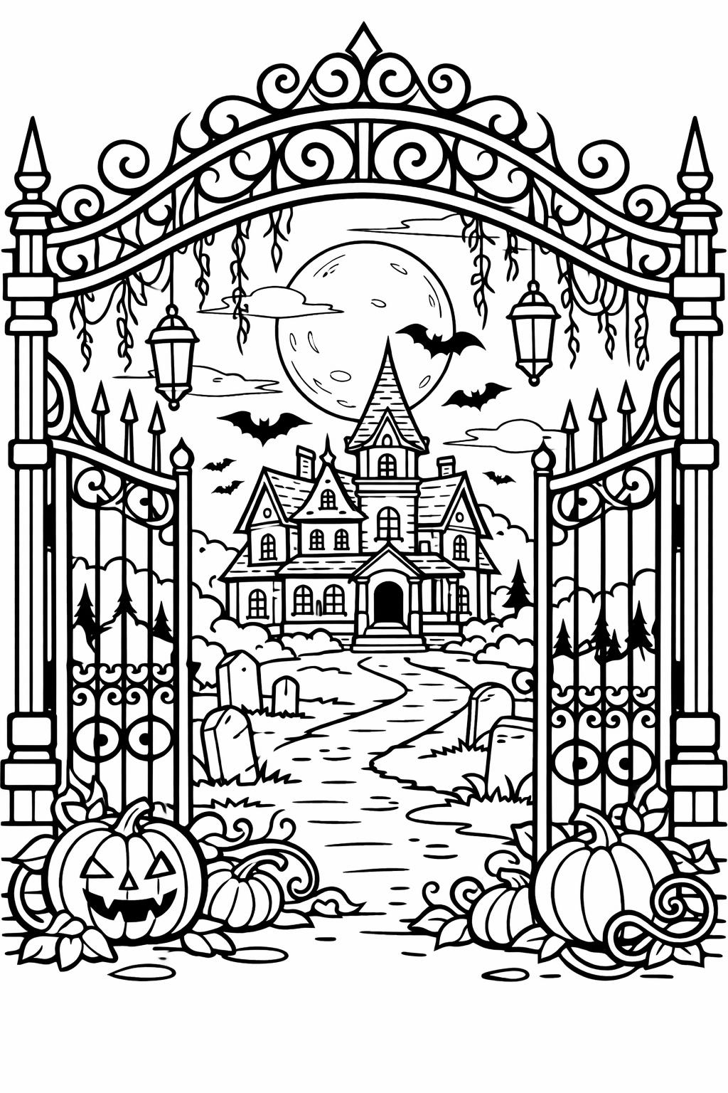 haunted house Halloween party coloring page | spooky festive scene | fun coloring activity
