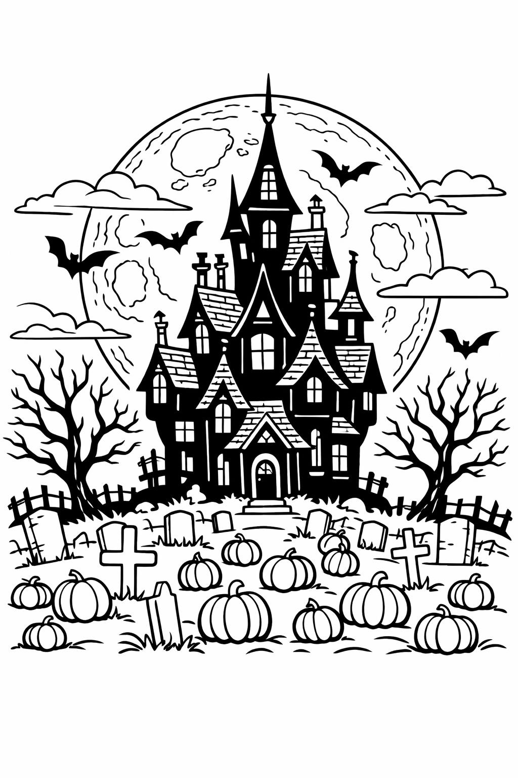 haunted house on a hill coloring page | eerie Halloween landscape | kids coloring sheet