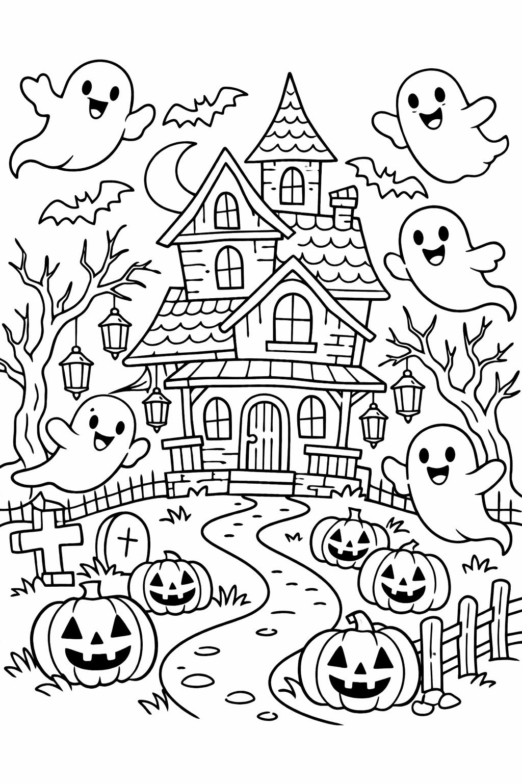 haunted house with ghosts coloring page | spooky Halloween artwork | kids coloring activity