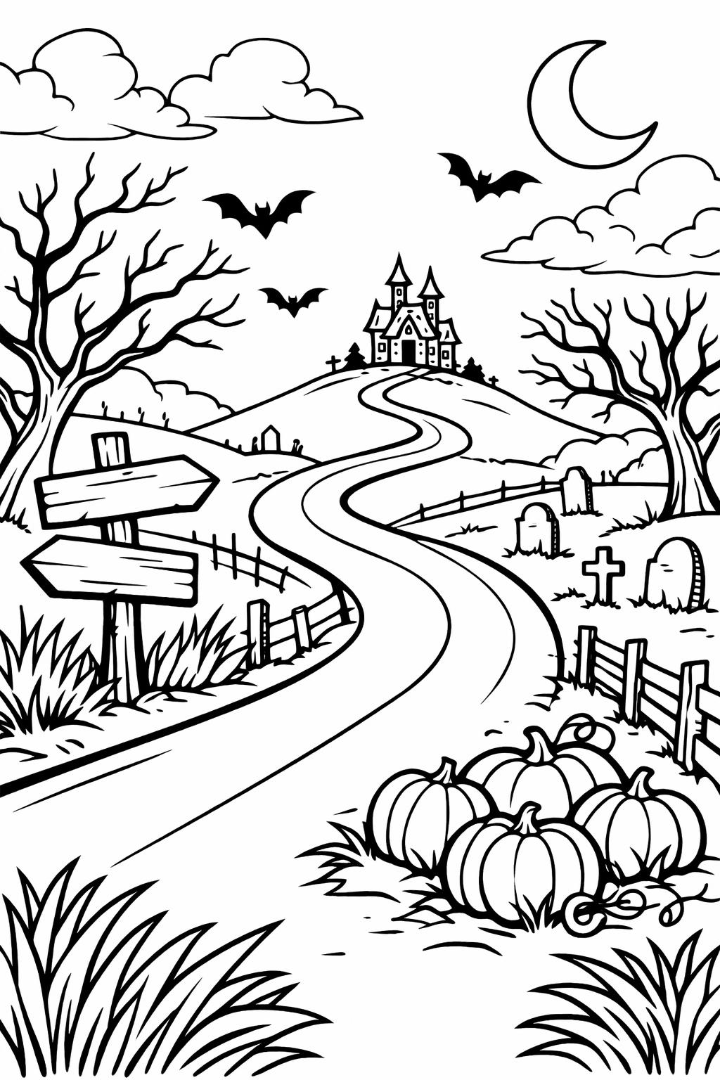 scary haunted house coloring page | spooky Halloween scene | printable coloring activity