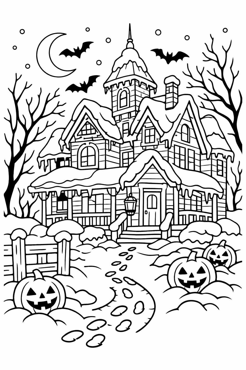 haunted house with pumpkins coloring page | Halloween scene | printable coloring sheet
