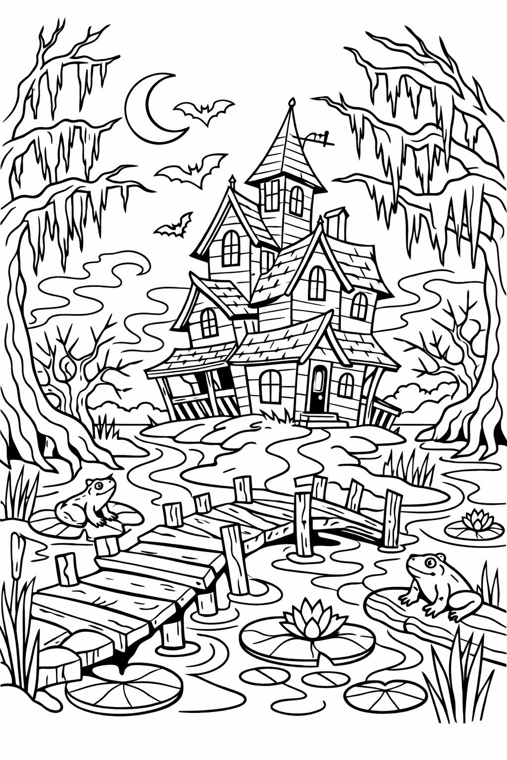 haunted house under full moon coloring page | scary night scene | printable Halloween activity