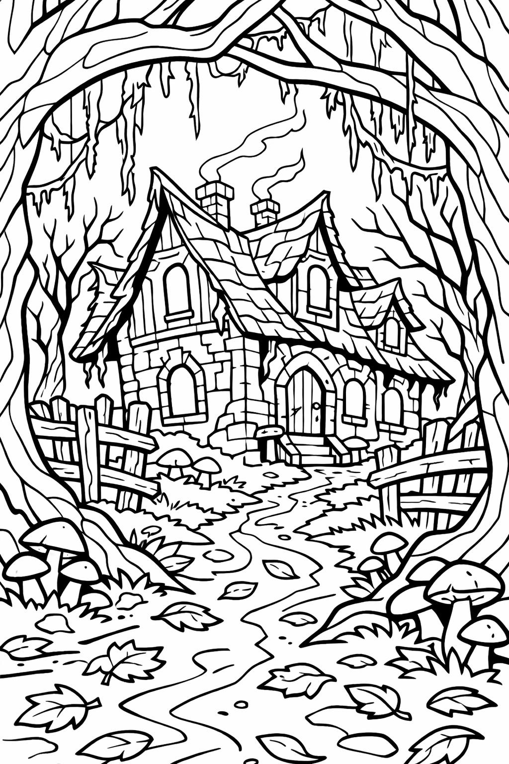 haunted house mandala coloring page | intricate spooky design | relaxing adult coloring activity