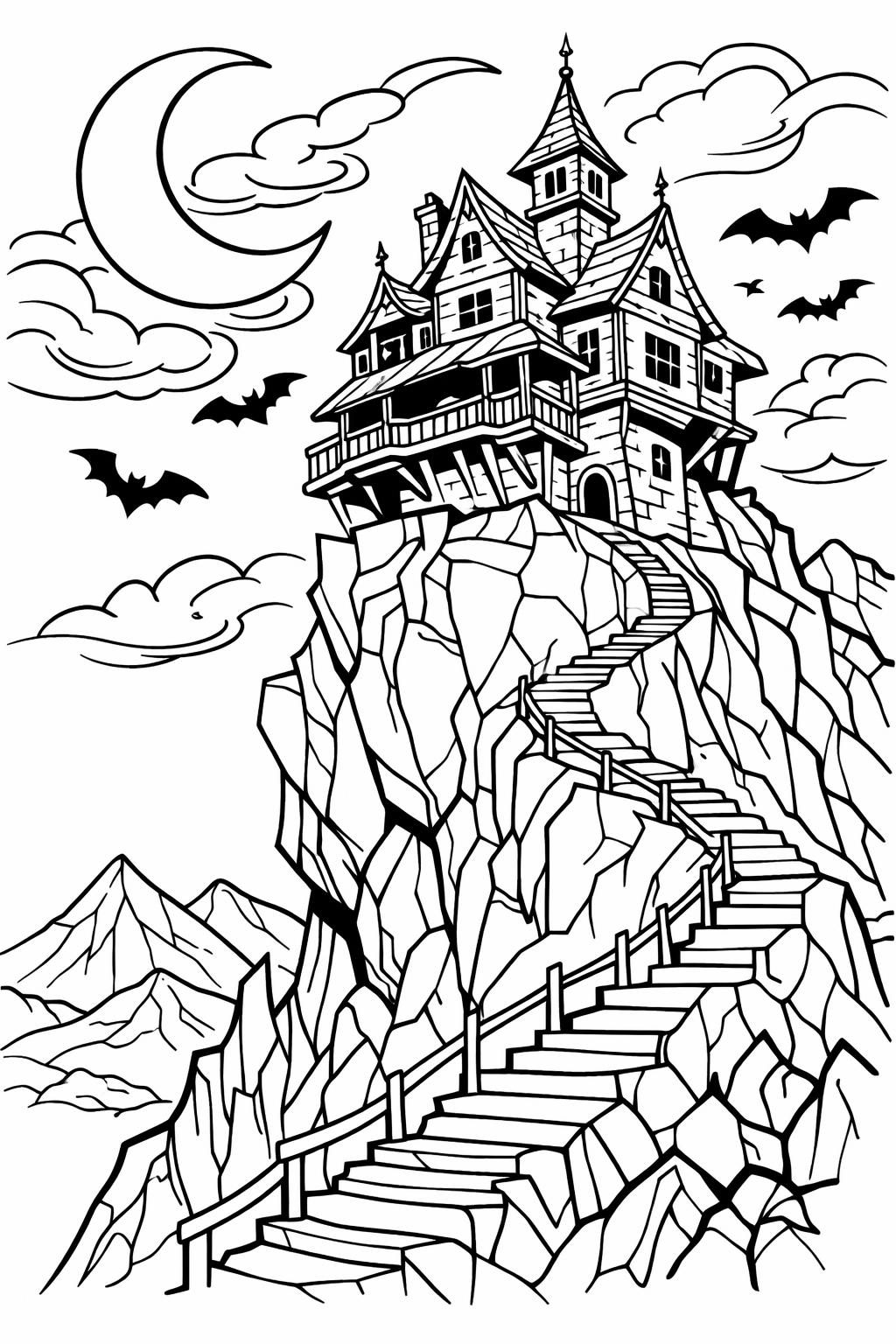 cartoon haunted house coloring page | playful spooky illustration | Halloween coloring sheet