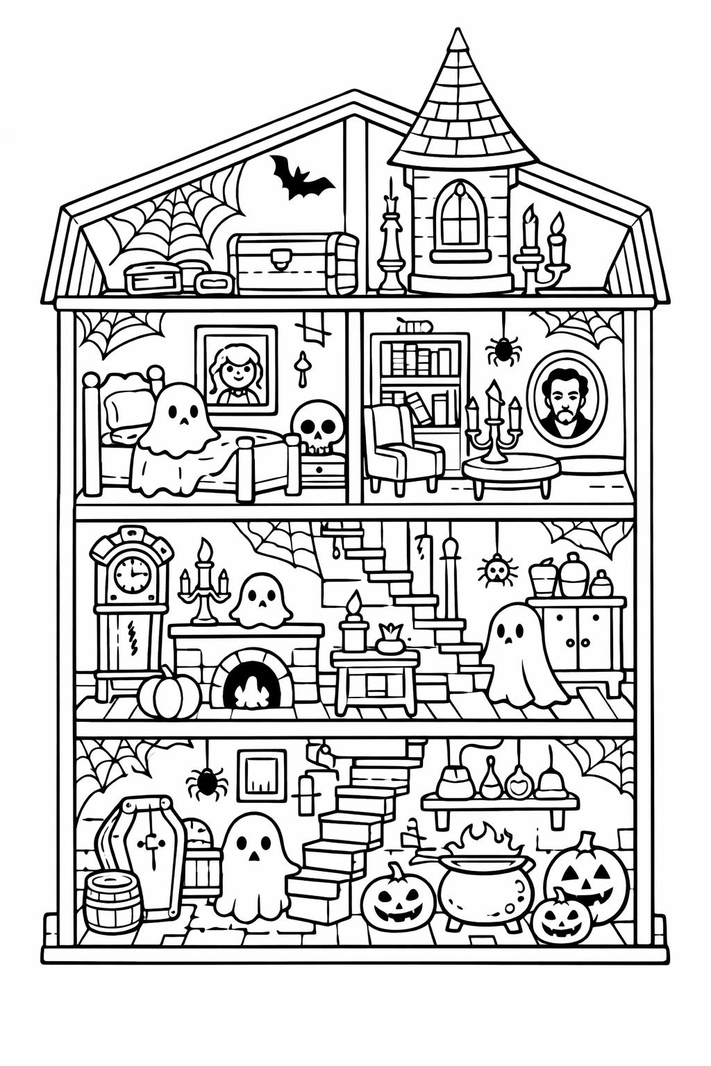 haunted house and graveyard coloring page | eerie Halloween landscape | spooky coloring sheet