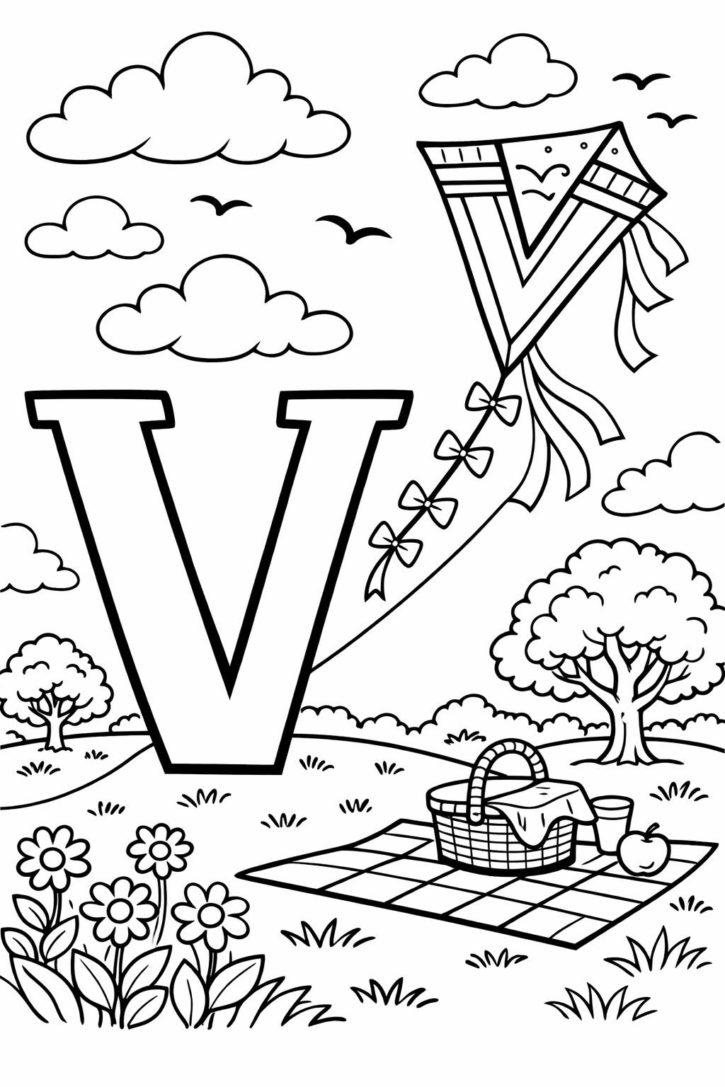 letter V printable coloring page | kids alphabet worksheet | fun educational printable