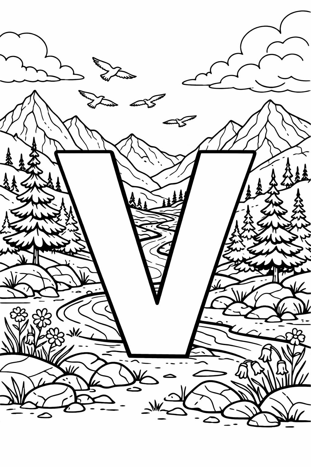 letter V with violet flower coloring page | flower alphabet printable | kids coloring sheet