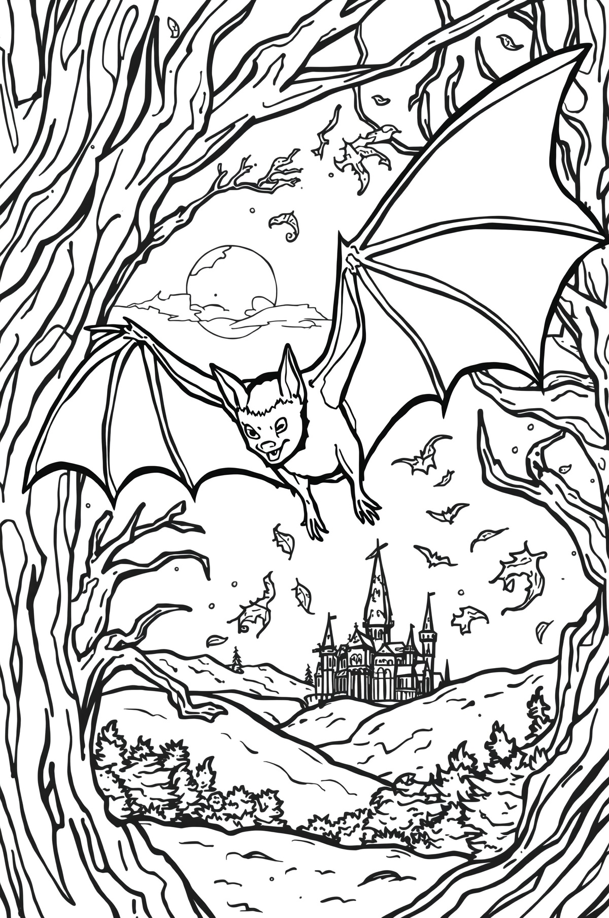 Color a vampire bat soaring through the night with wide wings, tiny fangs, and spooky details in this printable coloring page.