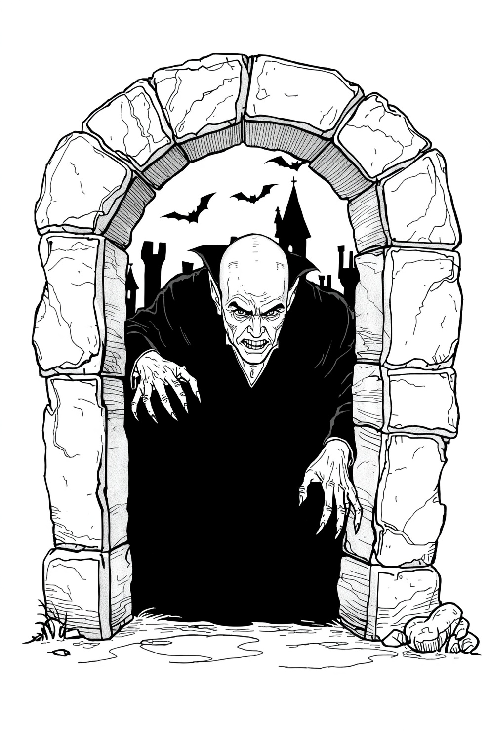 Vampire in a dark cloak crawls from a stone archway, bats flying overhead against a spooky castle backdrop.