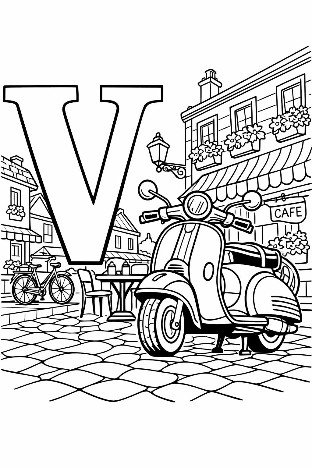 letter V with violin coloring page | musical alphabet printable | kids coloring activity