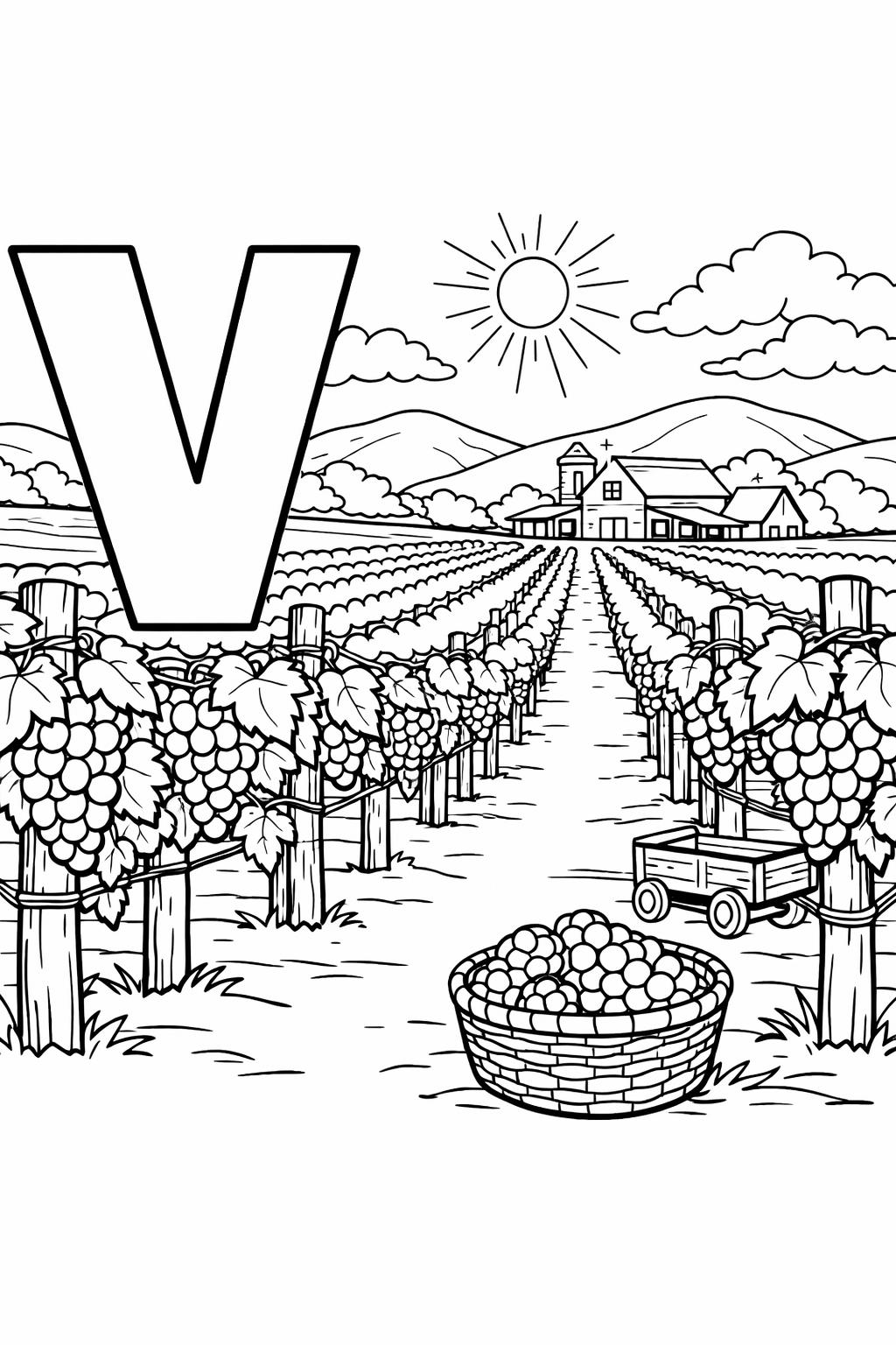 letter V with vase coloring page | object alphabet printable | preschool coloring sheet