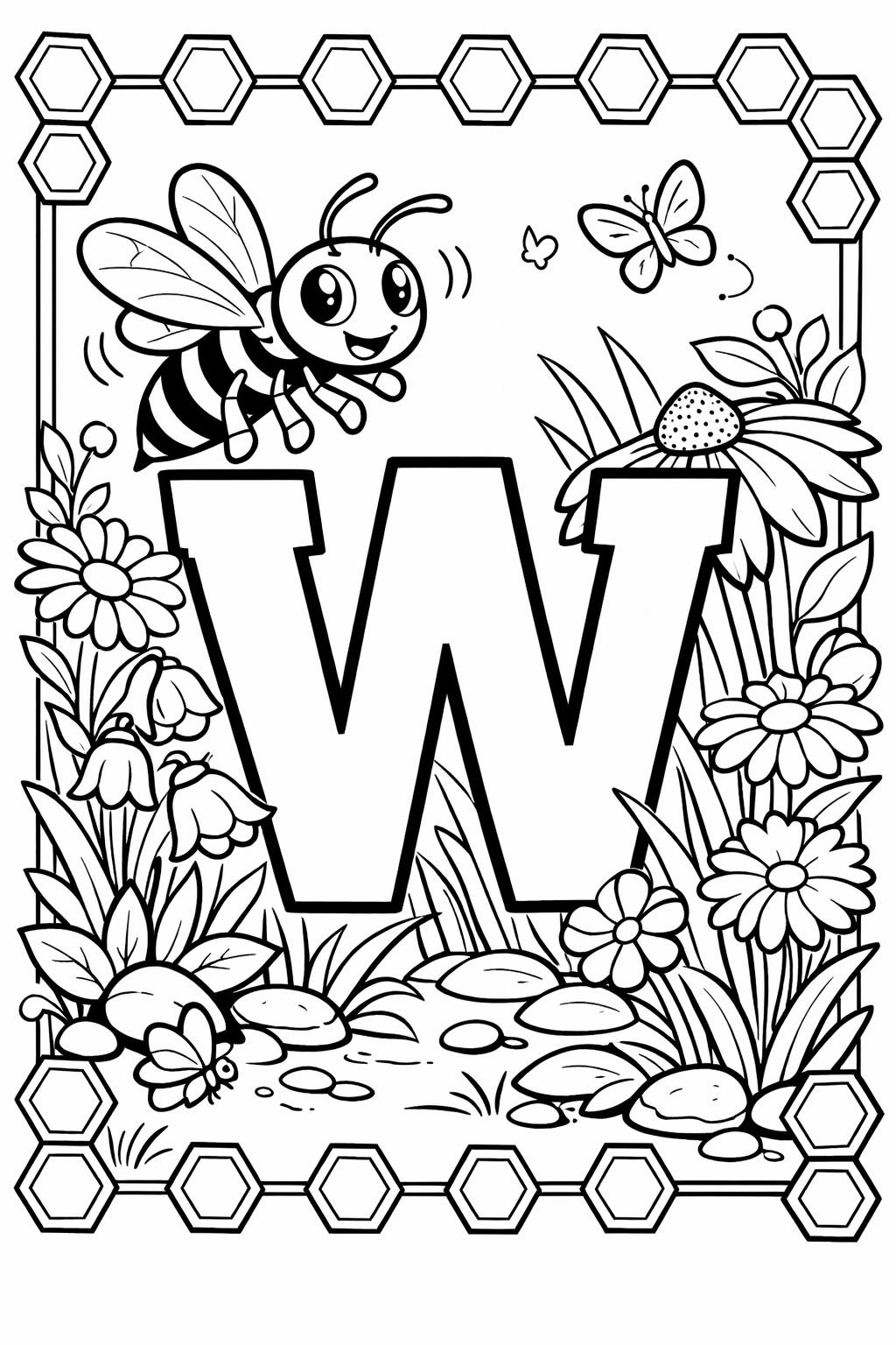 letter W with watermelon coloring page | fruit alphabet activity | educational coloring sheet