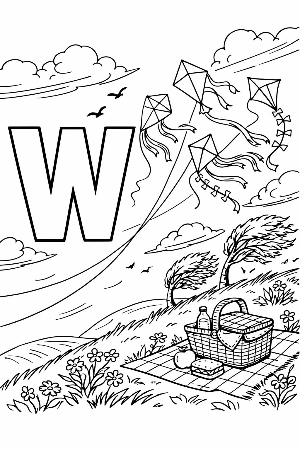 letter W with wolf coloring page | wild animal alphabet | printable kids worksheet