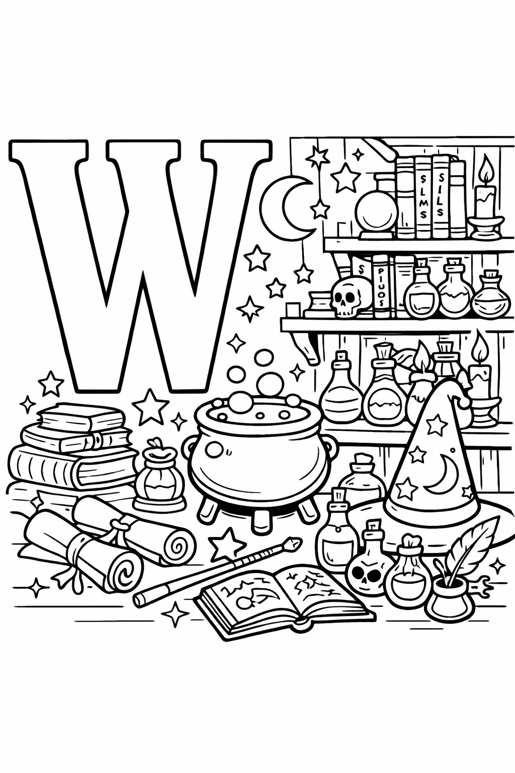 letter W with wagon coloring page | vehicle alphabet activity | printable coloring sheet