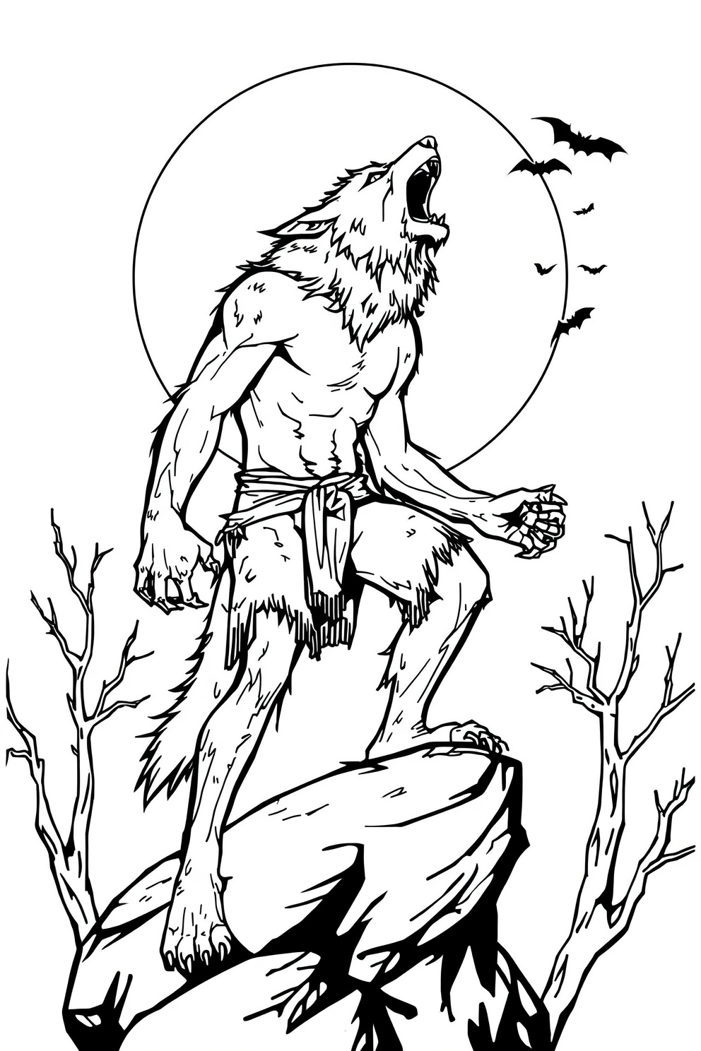 Werewolf standing on a rock, howling at the full moon with bats flying in the night sky.
