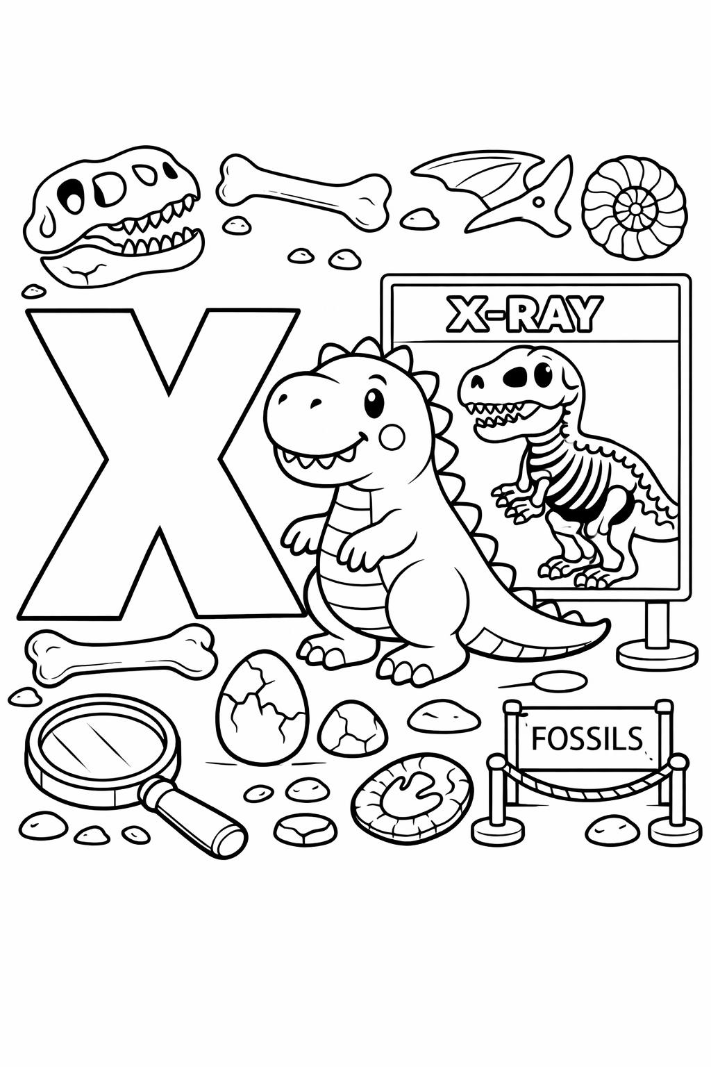 Cartoon dinosaur and fossil scene with bones, rocks, a display labeled X-RAY, and a magnifying glass for exploration.