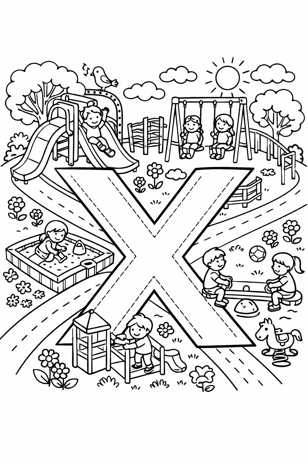 Children playing at a park playground: slide, swings, sandbox, and a large decorative X across the scene.